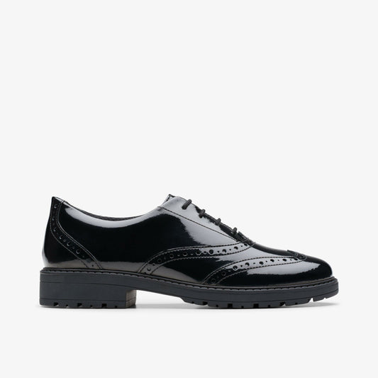Loxham Brogue Youth Black Patent Clarks Kids
