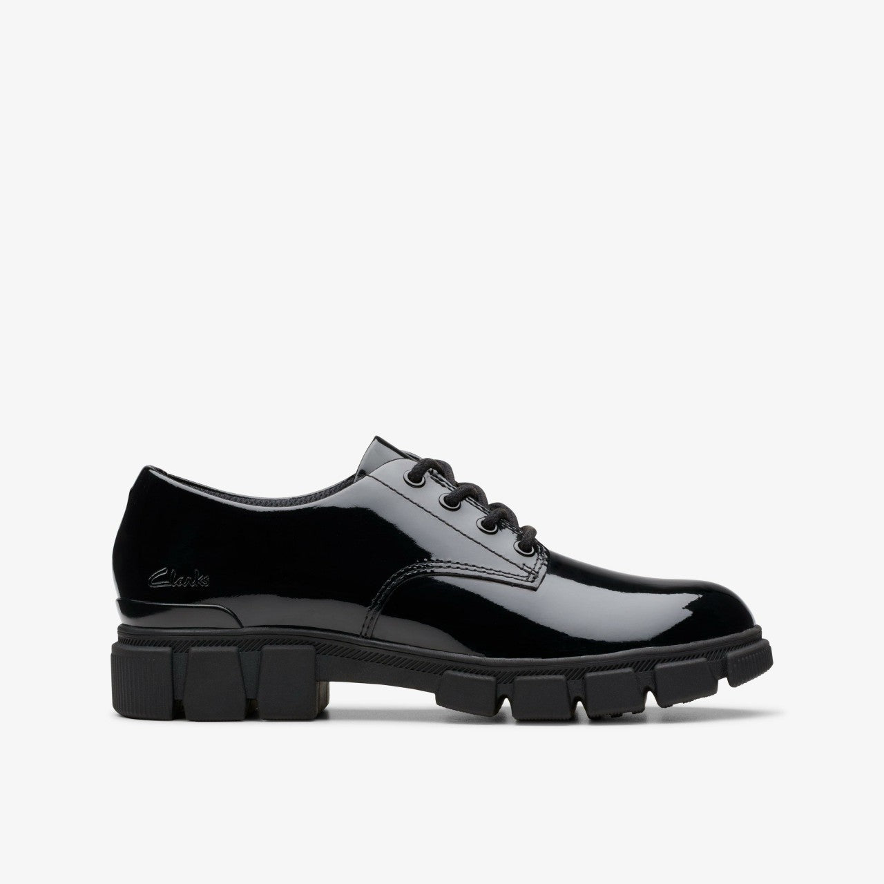 Evyn Lace Kid Black Patent Clarks Kids