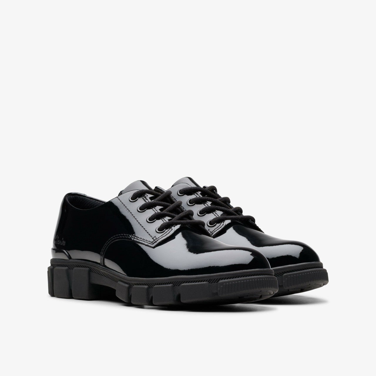Evyn Lace Kid Black Patent Clarks Kids